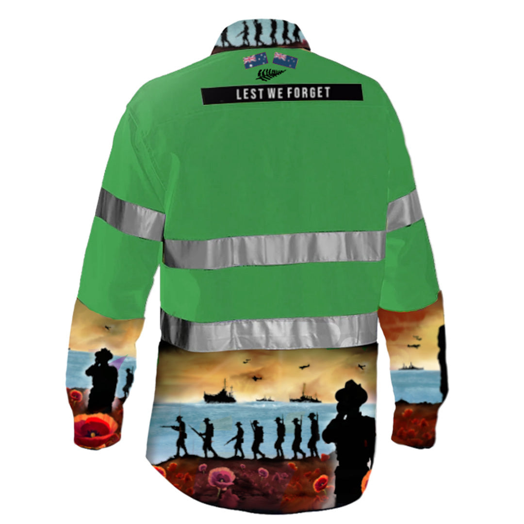 MEN'S LEST WE FORGET GREEN HI VIS HALF BUTTON WORKSHIRT