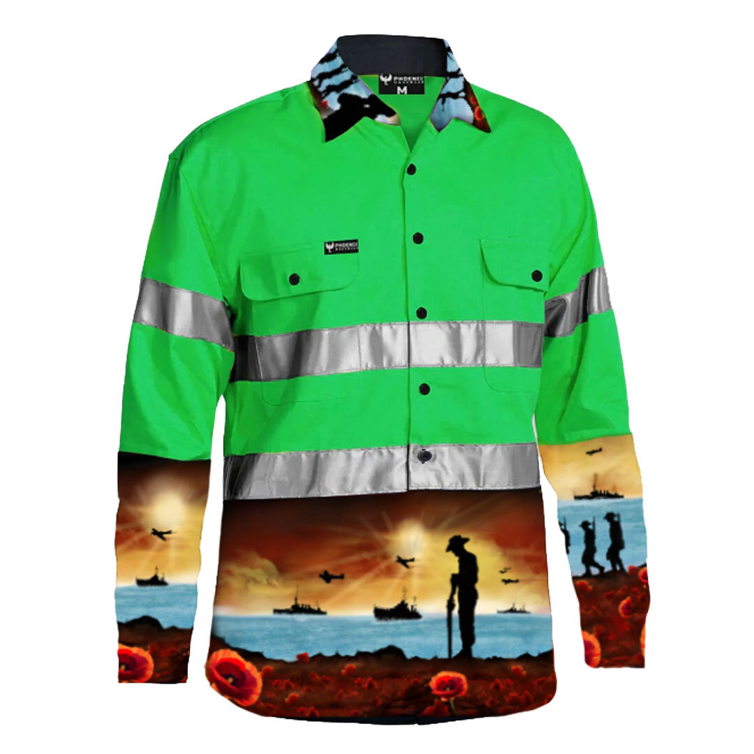 MEN'S LEST WE FORGET GREEN HI VIS HALF BUTTON WORKSHIRT