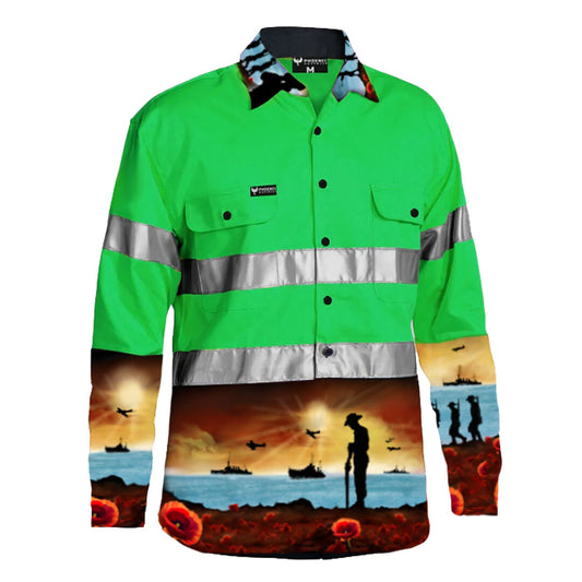 MEN'S LEST WE FORGET GREEN HI VIS HALF BUTTON WORKSHIRT