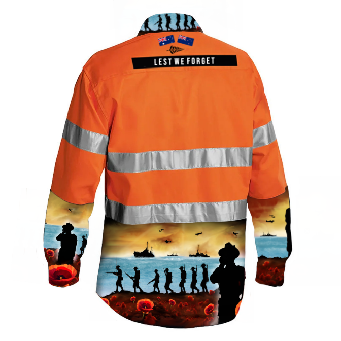 MEN'S LEST WE FORGET ORANGE DAY/NIGHT HI VIS HALF BUTTON WORKSHIRT