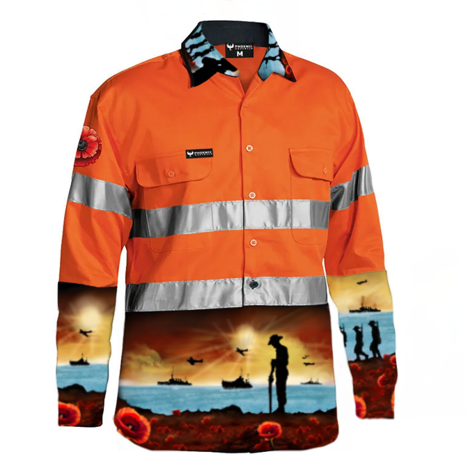 MEN'S LEST WE FORGET ORANGE DAY/NIGHT HI VIS HALF BUTTON WORKSHIRT