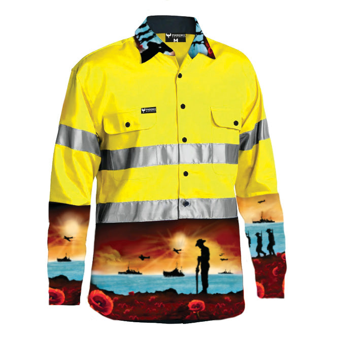 MEN'S LEST WE FORGET YELLOW DAY/NIGHT HI VIS HALF BUTTON WORKSHIRT