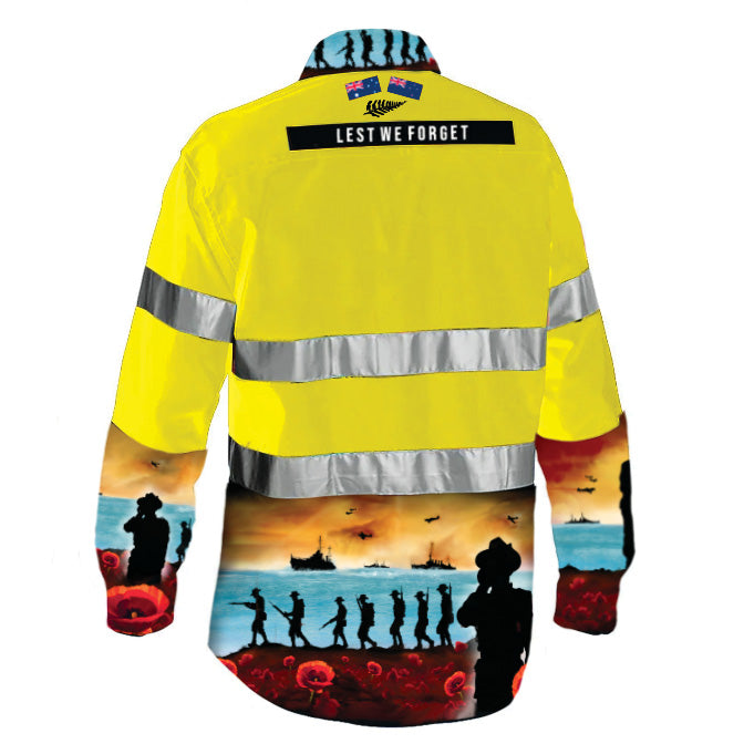 MEN'S LEST WE FORGET YELLOW DAY/NIGHT HI VIS HALF BUTTON WORKSHIRT